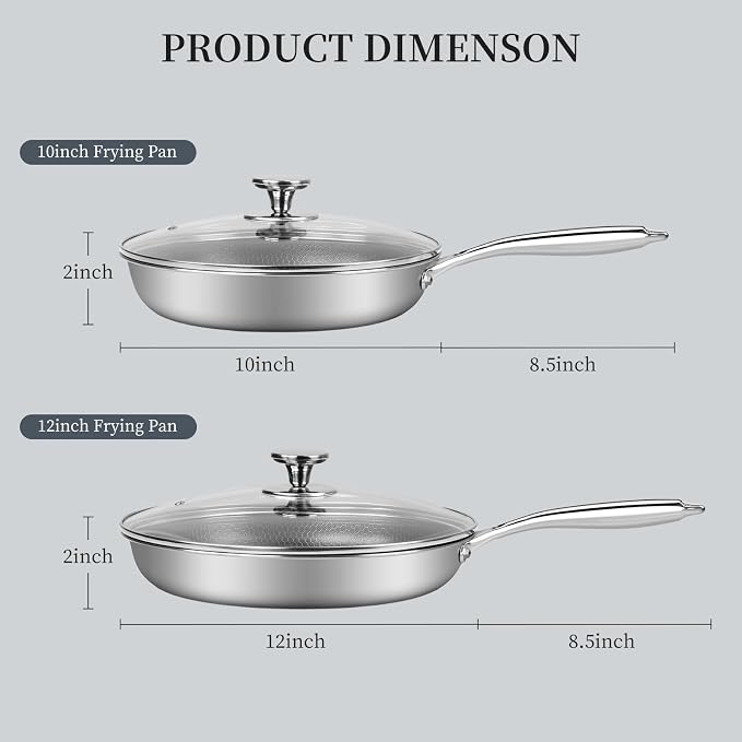 Innerwell Non Stick Frying Pans, Stainless Steel Pan Set with Lid | Honeycomb nonstick coating, PFOA-free. Cool-touch handles. Compatible with All Stoves. Oven Safe&Dishwasher safe.