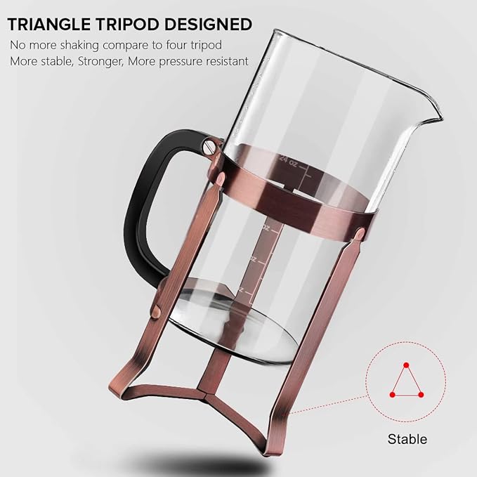QUQIYSO French Press 34oz, Stainless Steel and Thickened Glass Coffee Maker | 4 Filter Heat-Resistant Borosilicate Glass Coffee Press, Easy to Clean, Suitable for Kitchen Party Camping Gifts(Copper)