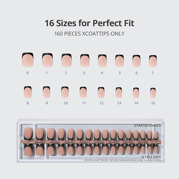 BTArtboxnails XCOATTIPS Black French Tip Press On Nails, S Square, Peach | Lamp-Curable, 4-Week Wear, Natural Nail Look, Salon Quality Value at Home, Easy-to-Apply for Beginners, 160ct Nail Tips Only