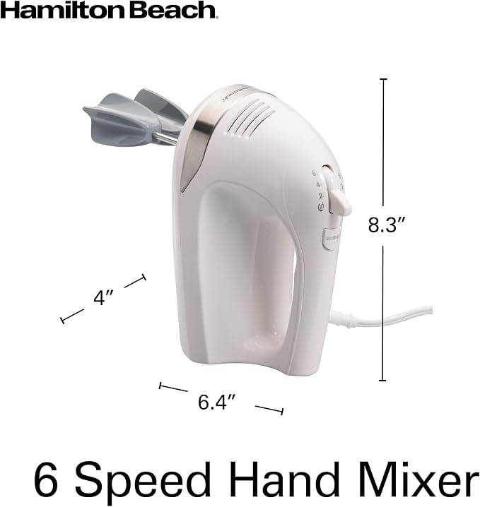 Hamilton Beach 6-Speed Electric Hand Mixer With Easy Clean Beaters | Traditional Beaters | Dough Hooks | Whisk | Snap-On Storage Case | 275 Watt Motor | White | 62636J