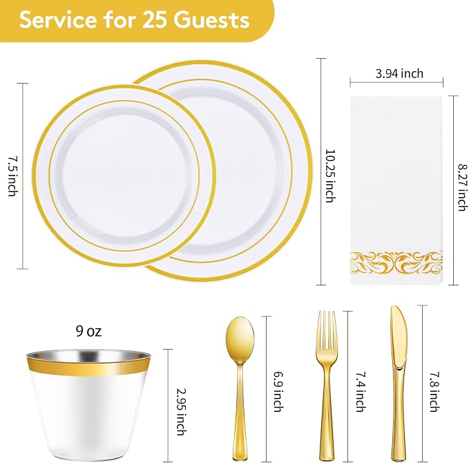 175 Pcs Gold Dinnerware Sets for 25 Guests, Disposable Plate Sets | Plastic Plates for Party, Include: 25 Dinner Plates, 25 Dessert Plates, 25 Paper Napkins, 25 Cups, 25 Gold Silverware Set