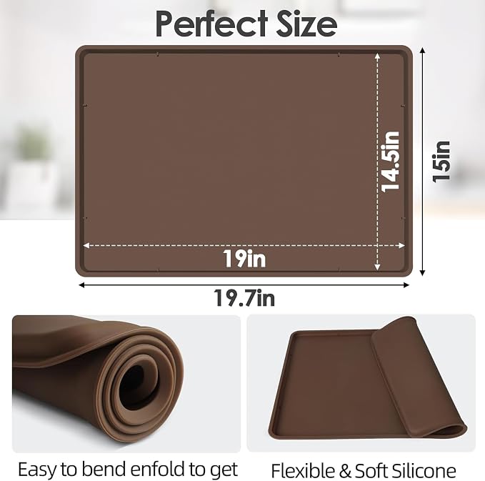 Silicone Coffee Maker Mat with Lip for Countertops, 19.7'' x 15'', Brown | Multi leak-proof coffee tray for countertop, non-slip silicone tray for under coffee machine espresso accessory, wipe-clean