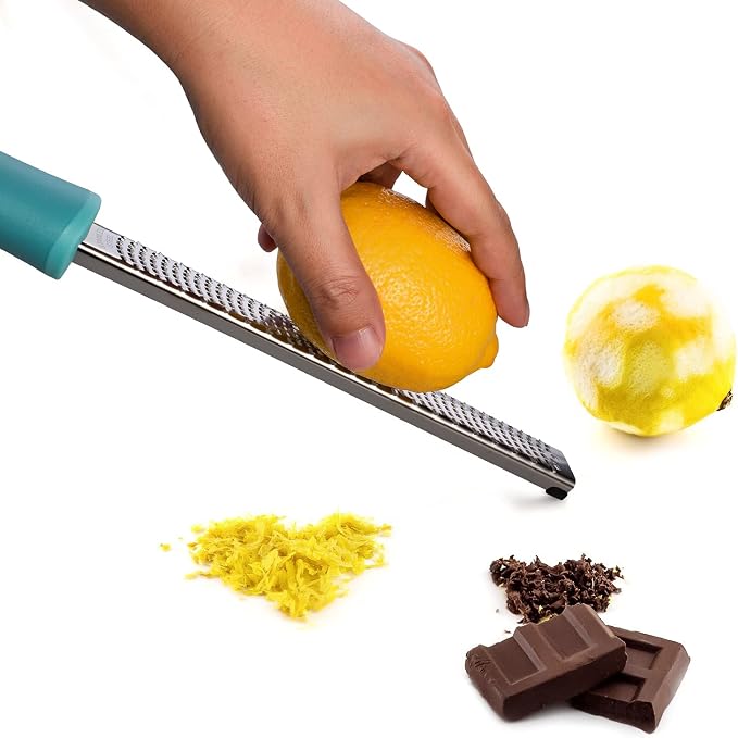 8-Inch Lemon Zester & Cheese Grater, 18/8 Stainless Steel, Blue | Fine 18/8 Stainless Steel Blade for Citrus, Parmesan, Ginger and Garlic, Soft Non-slip Handle, Cover, Dishwasher Safe