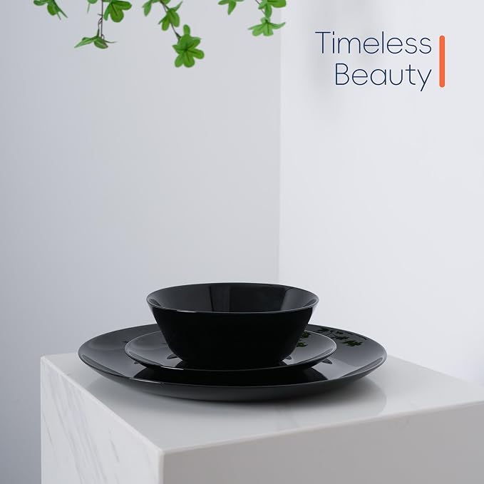 Dinnerware Sets for 6, 18 Piece Black Opal Glass Dish Set | Plates and bowls with dishwasher and microwave safe features, chip and scratch resistant dishware for family meals