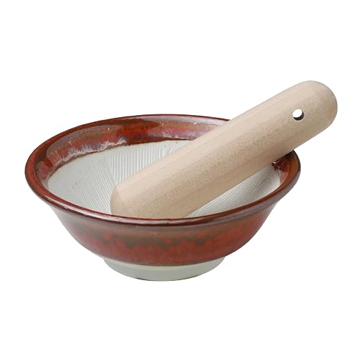 Asayu Japan Ceramic Mortar Bowl 4.29in (109mm) with Wooden Pestle, Made in Japan Dishwasher and Microwave Safe Ripple Ridge Suribachi and Surikogi Set - Red Mortar and Pestle Set