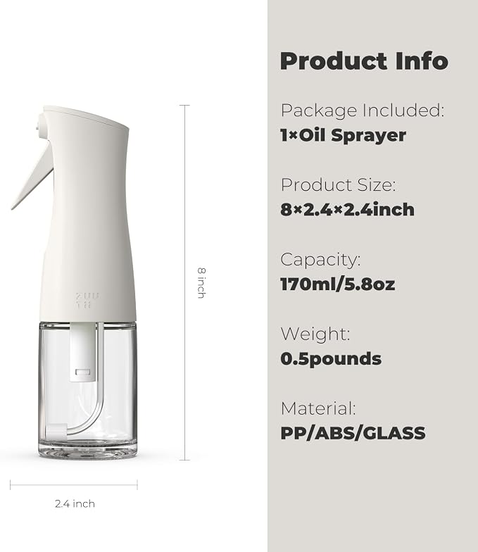 Zuutii Oil Sprayer for Cooking, 170ml Olive Oil Sprayer Mister, Olive Oil Spray Bottle for Salad, BBQ, Continuous Spray with Portion Control, Kitchen Baking, Roasting,Hairstyling,Light Cream