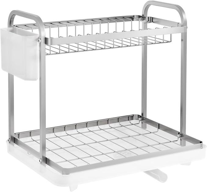 Sakugi Dish Drying Rack 2-Tier 15x11.4x15 Silver Double Rod | Kitchen, Sink Counter, Stainless Steel, Counter Top, Utensil Holders, Cutlery Holder, for Small Family, Easy to Clean