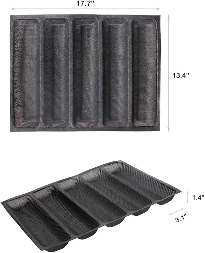 FETESUR Silicone Perforated Baking Form Sandwich Mold, Baguette Pan, Black | Sandwich Bread Mold, Food Proofing Mat, 5 Loaf Non-Stick Baking Liners