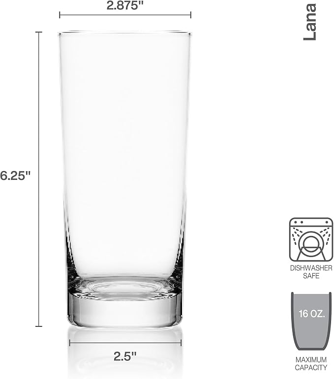 Mikasa Lana Tall Beverage Highball Glass Cups, Set of 4, 16 Ounce, Clear