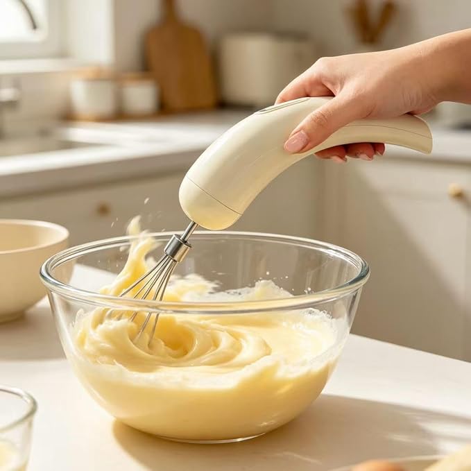 Cordless Hand Mixer with 5 Speed Modes, Handheld Electric Whisk, Hand Held Egg Beater with 2 Detachable Stir Whisks (White)