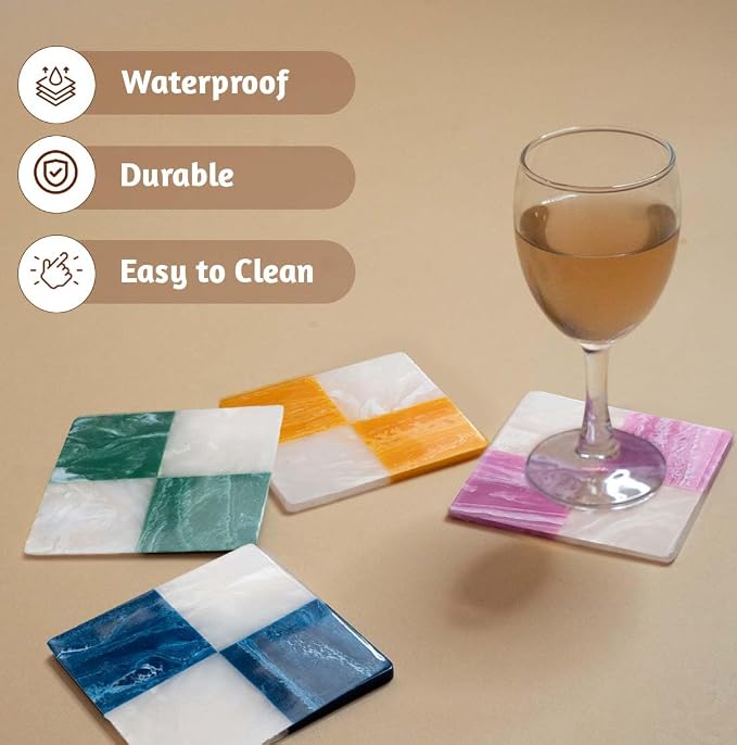 Folkulture Resin Coasters Set of 4 for Drink, Waterproof, Non Slip, 4 Inch | (4") Resin Drink Coaster for Coffee Table, Cup Coaster Waterproof, Non Slip for Bar, Party, Housewarming Gifts,Handmade,Cute