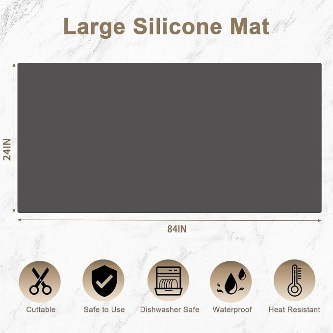 84''x24'' Large Silicone Mat for Kitchen Counter, Non-Slip Heat Resistant Countertop Protector, Waterproof Multipurpose Mat for Kitchen Island, Dark Gray