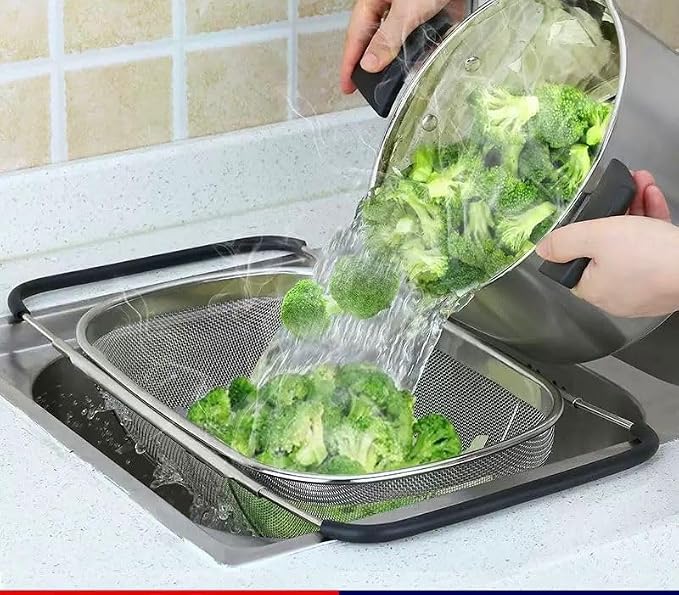 NikLye Stainless Steel Over the Sink Colander Basket with Expandable Handles, 6 Quart Fine Mesh Strainer for Pasta, Vegetables and Rice