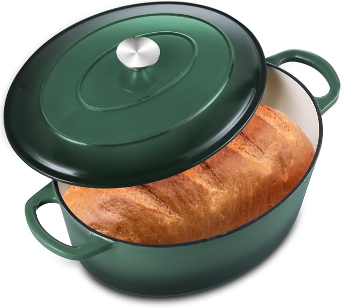 7 Quart Oval Dutch Oven with Lid, Leonyo 7QT Enameled Oval Cast Iron Dutch Oven for Sourdough Bread Breaking, Heavy Duty Cookware for Braising, Stews, Roasting, Emerald