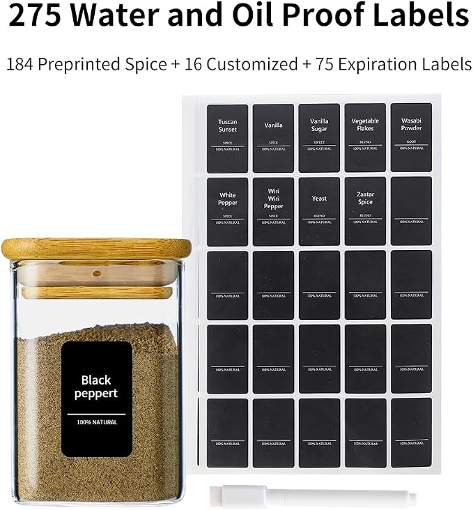 Kitchen Glass Spice Jars 10 Pcs 7 Oz with 275 Labels | Seasoning Empty Containers with Bamboo Lids