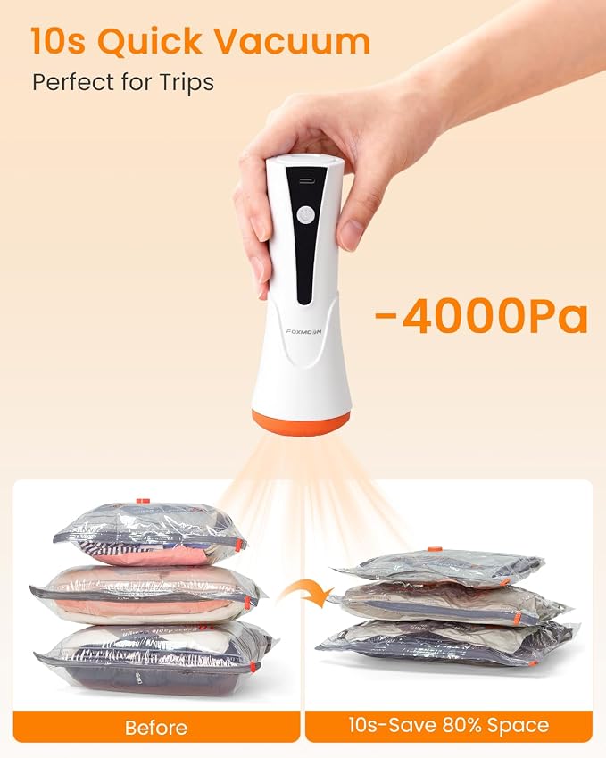 Vacuum Seal Bags for Clothing Travel with Rechargeable Cordless Pump, 18 Pack Compression Space Saver Bags for Packing, Luggage and Seasonal Storage