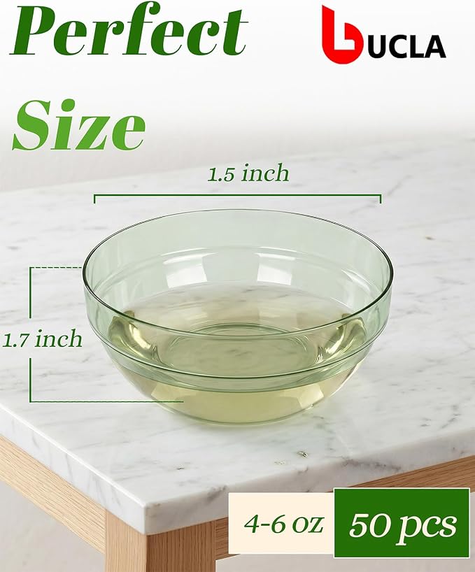 bUCLA 50 Pack Plastic Prep Bowl Sets, 6oz Clear Green Small Pinch Bowls | Small Bowls for Salt, Spices, Chopped Ingredients, Dipping Sauces, Ice Cream Toppings, Pudding