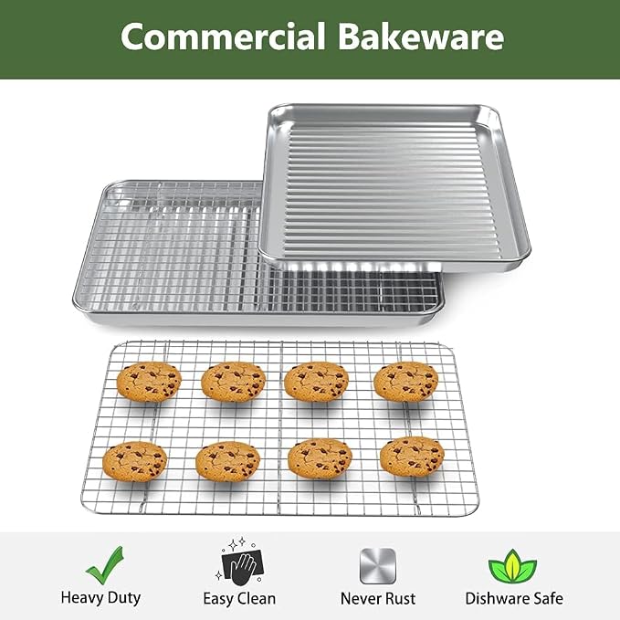 Quarter Baking Sheet Pan Cooling Rack Set, Stainless Steel 2 Pans + 2 Racks | 12x10x1 Inches Baking Sheet Pan with Nonstick, Warp Resistant, Heavy Duty Design for Baking, Roasting, and Cooking