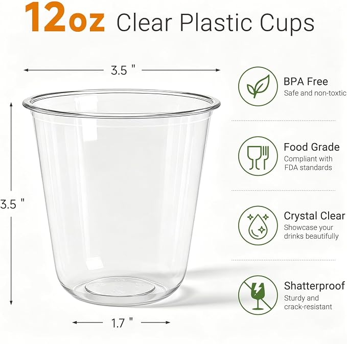 100 Pcs 12 oz Round Bottom Plastic Cups, Crystal Clear Disposable Stemless Wine Glasses Cocktail Cups for Party, Wedding, Birthday, Catering Cold Drinks