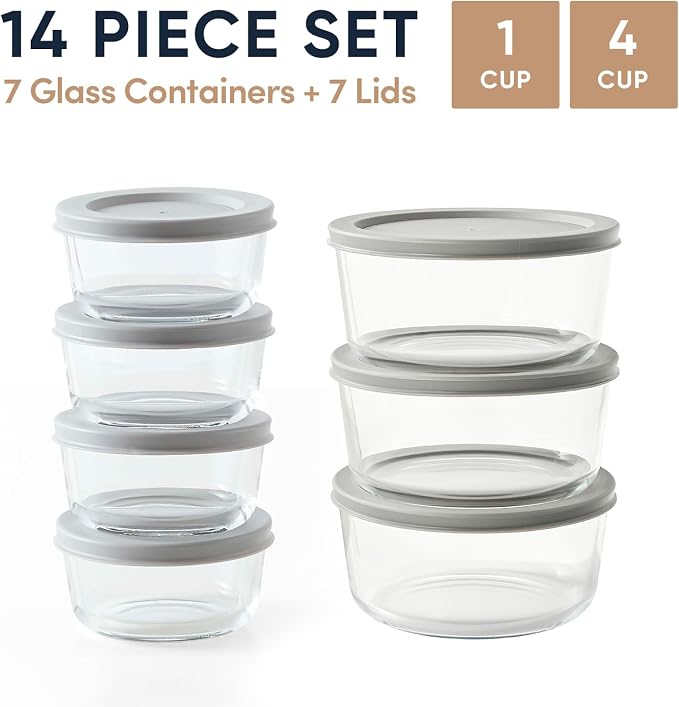 14-Piece Glass Food Storage Containers Set (7 Containers + 7 BPA-Free Lids) | 1-Cup & 4-Cup, Leakproof | Microwave, Freezer, Oven & Dishwasher Safe | Ideal for Meal Prep & Pantry Organization, Grey