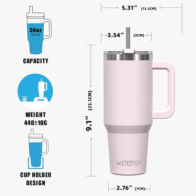 30 oz Tumbler with Handle,Tumbler with Lid and Straw,Double Wall Insulated Cup Stainless Steel Travel Mug(Cold for 34 Hours),Water Bottle for Iced Tea,Coffee,Cold Beverages(Rose Quartz)