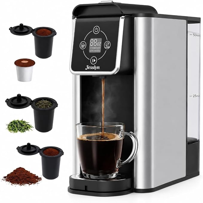 Jesslyn Single Serve Coffee Maker for K Cup Pods and Ground Coffee, 3-in-1 Coffee & Tea Brewer with 6-14 oz Brew Sizes, Compact Coffee Machine for Office, Apartment & Dorm, Gray
