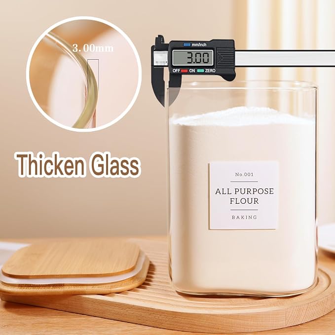 2 Pack Square Glass Flour and Sugar Containers with 132 Kitchen Pantry Labels - Thicken 120 FL OZ Large Glass Storage Jars with Airtight Bamboo Lid - Big Food Canisters for Cookies, Rice, Coffee