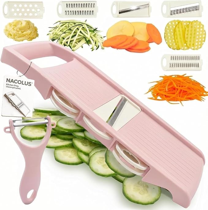 NACOLUS Mandoline Slicer for Kitchen Slicer Vegetable Cutter 5 In 1 Veggie Slicer Potato Slicer waffle fry cutter Hot Swap Mandolin with Peeler for Vegetables Carrot Shredder Cucumber Slicer - Pink | slicer vegetable cutter,hot-swap self-storage,effici...