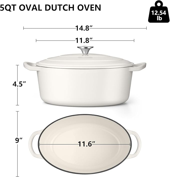 TeamFar Oval Dutch Oven, 5qt Enameled Cast Iron Dutch Oven Pot with Lid | For Bread Baking/Stewing/Braising/Frying, Suitable for Various Stoves, Non-stick & Easy Clean, White