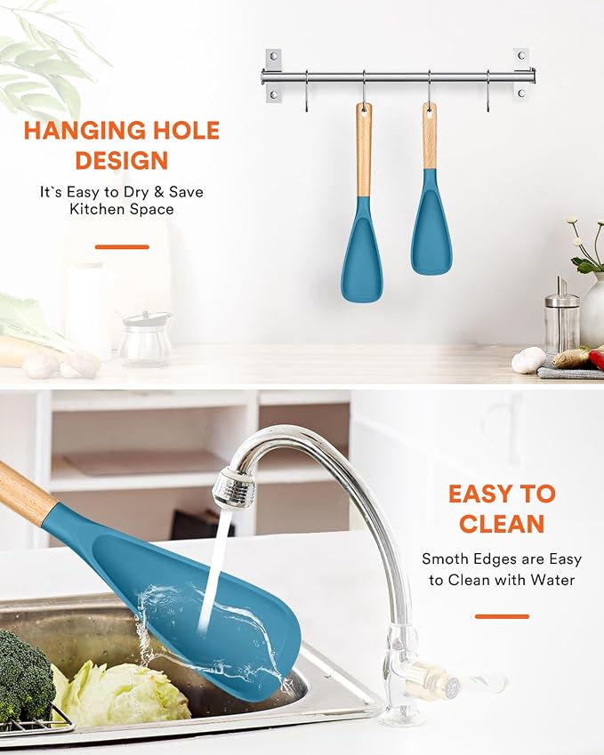 Multifunction Cooking Spoons for Nonstick Cookware,11.4"&13.4",TURQ | Great for Cooking and Serving, Sturdy BPA-Free Matte Silicone, Wood Handle spoonula for Mixing, Scoop, and Scrape
