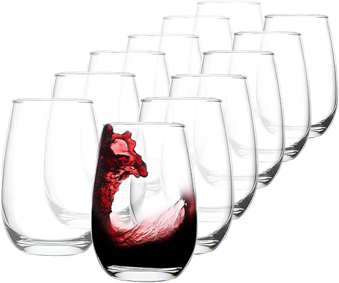 Stemless Wine Glasses Set of 12, 13 Oz | Clear Red White Wine Glass for Party, Wedding, Anniversary