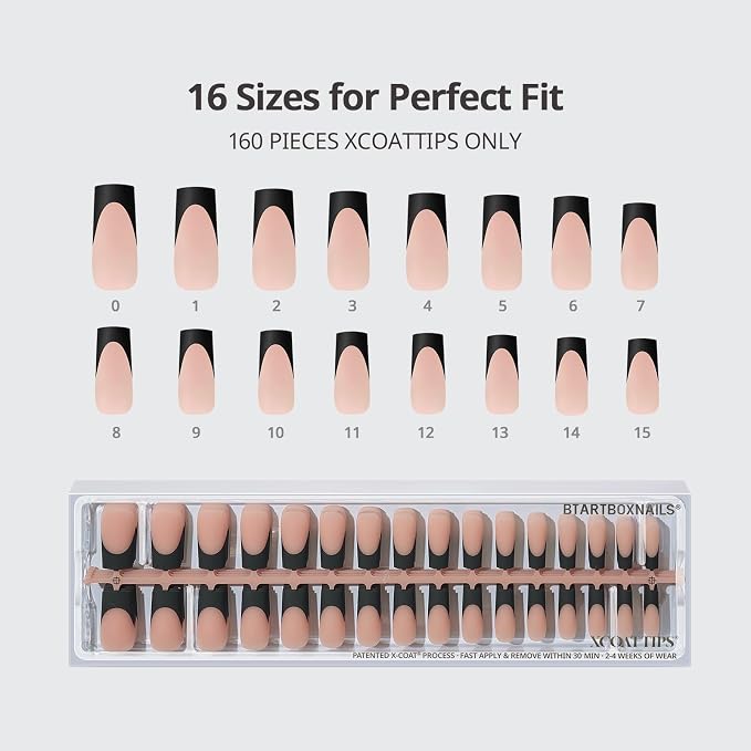 BTArtboxnails XCOATTIPS Black French Tip Press On Nails, XL Square, Peach | Lamp-Curable, 4-Week Wear, Natural Nail Look, Salon Quality Value at Home, Easy-to-Apply for Beginners, 160ct Nail Tips Only