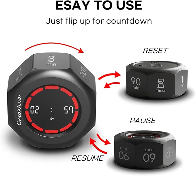 Flip Cube Pomodoro Timer - Rechargeable Visual Countdown & Count Up Stopwatch, 7 Preset Intervals, 3 Alarm Modes, Productivity Tool for ADHD, Kids, Study, Work & Kitchen (Gray)