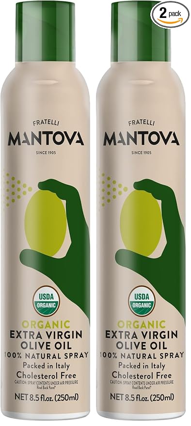 Mantova Organic Extra Virgin Olive Oil Spray, heart-healthy cooking spray perfect for salads, pasta sauces, or grilling, 100% natural cooking oil made in Italy, olive oil dispenser bottle (Pack of 2)