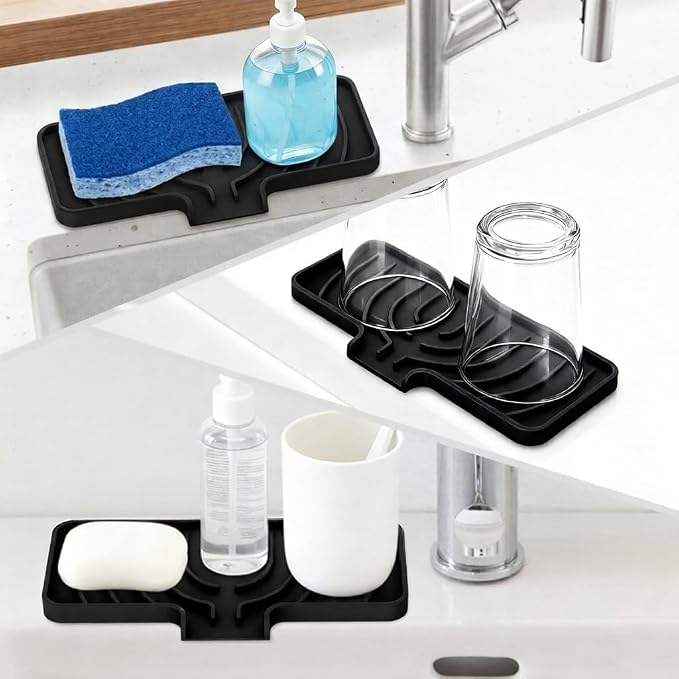 GUUKIN Sponge Holder for Kitchen Sink, Sink Caddy and Soap Tray | 10x4 inch Kitchen Sink Organizer | Compatible with Scrub Daddy, Kitchen Sink Accessories (Black)