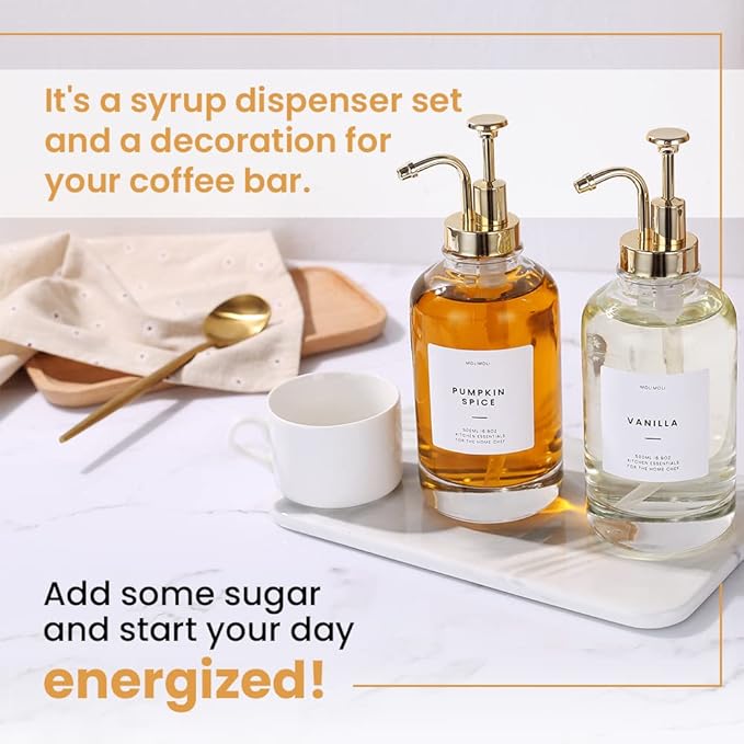 Syrup Dispenser for Coffee Bars, Glass Syrup Bottle w. Pump, 16.9 oz 500 ml, Set of 2, Gold Upgraded Dispenser