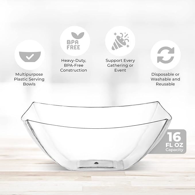 4 Pack Disposable Clear Plastic Serving Bowls Square Party & Candy 16oz | Square Design. Disposable Party Tableware. Salad, Fruit & Candy Use. Candy Buffet Containers. Clear Plastic.