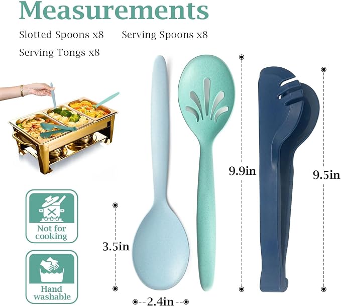 Reusable Plastic Serving Utensils Set of 24, Wheat straw Large Serving set 10" Serving Spoons/10" Slotted Spoons/9.4" Tongs, for Party Buffet Catering (Ocean, Not for Cooking)