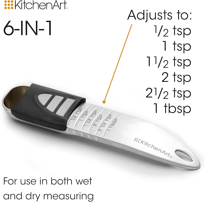 KitchenArt Stainless Steel Pro Adjust-A-Tablespoon, Adjustable Tablespoon | Spoon That Measures 1/2 TSP to 1 TBL | All In One Measuring Spoon | Cooking & Baking Gadget | Kitchen Organization