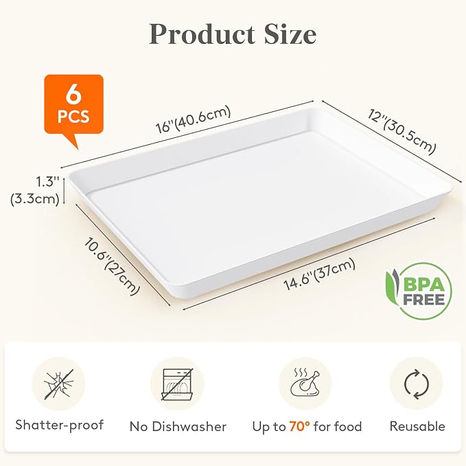 Lifewit 6 Pcs Extra Large Serving Tray for Party, 16" x 12" Reusable Plastic Food Serving Platter for Dessert, Fruit, Cookie, Appetizers & Charcuterie, BPA-Free White Catering Trays for Buffet Display