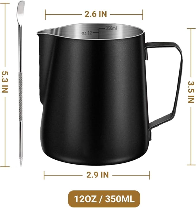 Milk Frothing Pitcher, 350ml/600ml (12oz/20oz) Milk Frother Cup Stainless Steel Jug Steaming Pitcher, Milk Coffee Cappuccino Latte Art Barista Steam Pitchers Milk Jug Cup with Decorating Pen