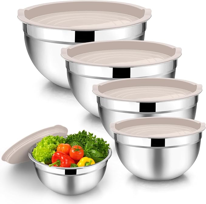 TeamFar Mixing Bowls Set of 5, Stainless Steel Metal Salad Bowls with Lids | 4.5/3/1.5/1/0.7 QT, Nesting Bowls, Ideal for Mixing Prepping Serving, Non-Toxic & Sturdy, Airtight Lid & Easy Clean, Khaki