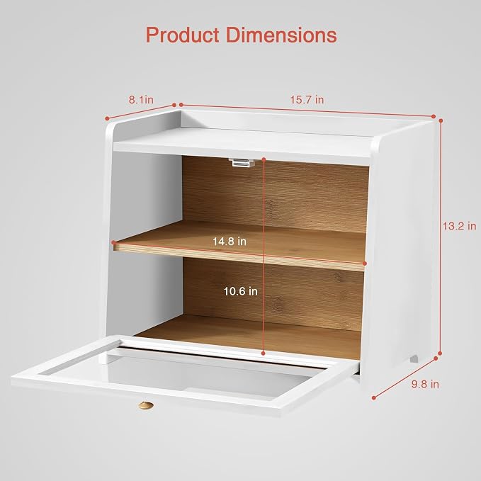 Goozii White Double Layer Bread Box for Kitchen Countertop, 2 Tier Counter Breadbox for Homemade Bread, Large Bread Storage Container Holder Keeper for Sourdough Loaf Storage (Bamboo Wood)