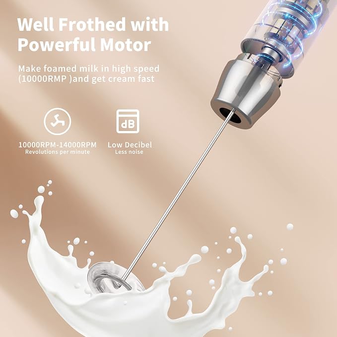 Maestri House Rechargeable Milk Frother,Stand & 3 Detachable Whisks | Lunafro Plus 8000RPM Turbo Motor, 1200mAh lithium battery, Handheld Milk Frother for, Cappuccino, Matcha & Protein Powder