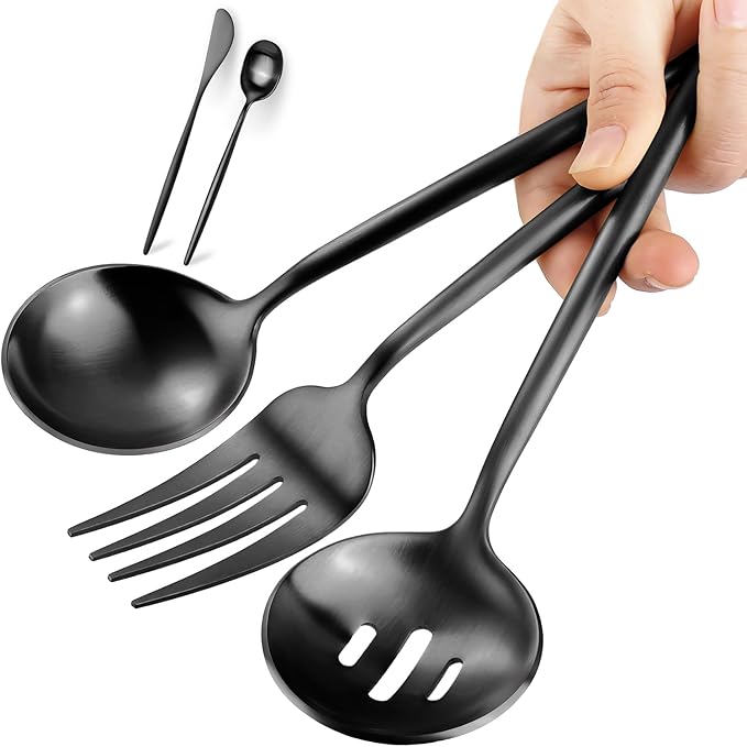 Black Serving Utensils Set, 5pc Stainless Steel Serving Spoons | 10.8in,matte black,serving spoons set for parties,buffet serving utensils,black flatware for elegant serving,dishwasher safe