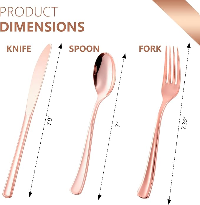 144 Pack Rose Gold Premium Heavy Duty Plastic Silverware, 48 Forks, 48 Knives, 48 Spoons, Perfect for Valentine's Day, Parties, Dinners, Weddings, BPA-Free, Disposable Plastic Cutlery Set Utensils Set