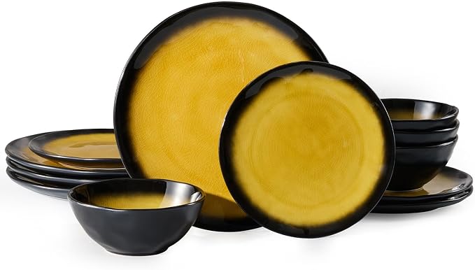 12-Piece Dinnerware Set for 4, Ice Crackle Glaze Plates & Bowls | Gradient Yellow to Black Ombre Dinner Dish Set, Microwave, Dishwasher & Oven Safe, Unique Holidays & Weddings Gift