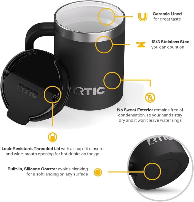 RTIC 12oz Essential Mug with Lid and Handle, Ceramic Lined, Black | Stainless Steel Metal, Insulated Travel Cup for Hot and Cold Drinks, Coffee, Car, Camping and Travel