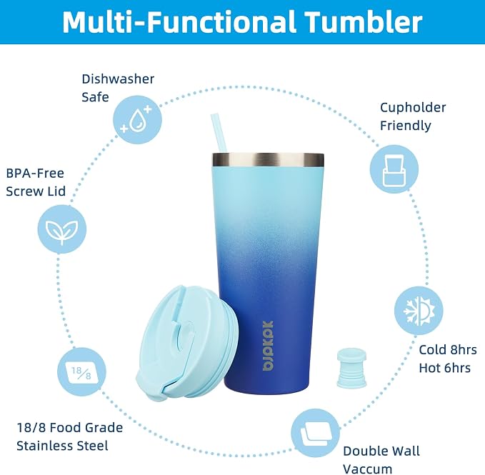 BJPKPK 22 oz Coffee Tumbler with Straw, Insulated Stainless Steel Cup | Double Wall Vacuum, Leak Proof Lid, Keeps Hot/Cold/Iced, BPA Free, Dishwasher Safe, Cupholder Friendly, Travel, Sky
