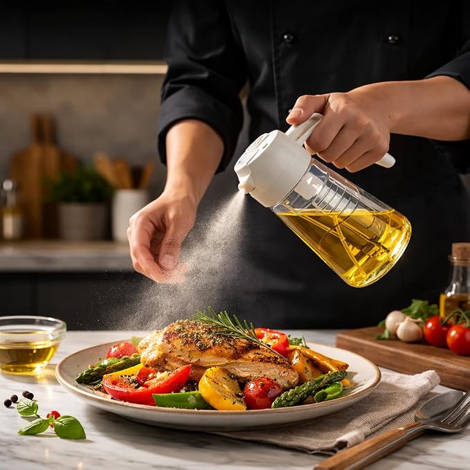 16oz/470ml Glass Olive Oil Sprayer for Cooking, 2 in 1 Oil Dispenser for Kitchen Gadgets, Food Grade Premium Spray Bottle with Portion Control for Salad, Frying, BBQ